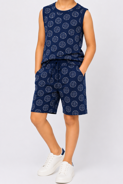 CHILINS Kids Navy Blue Printed T-Shirt & Shorts Set | Active Wear Co-Ord Set