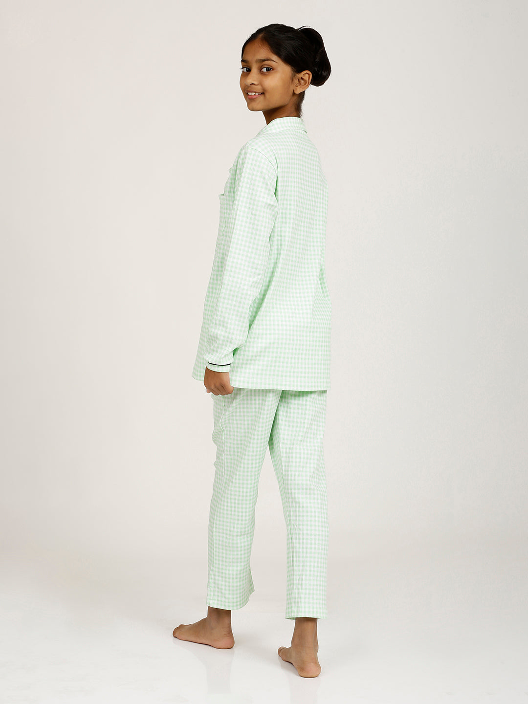 CHILINS Girls Shirt Pyjama Night Dress – Pure Cotton, Green Checkered