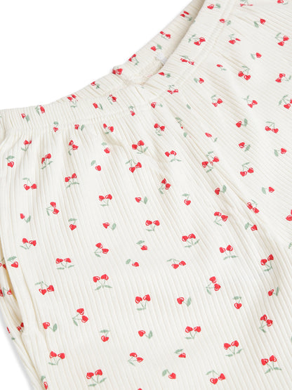 CHILINS Kids Cherry Print Night Suit Set | Soft Ribbed Cotton Full Sleeve Top & Pyjama Set for Girls