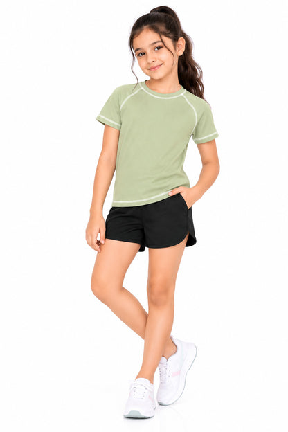 CHILINS Kids Sage Green Sports T-Shirt | Boys & Girls | Raglan Sleeves | Contrast Stitching