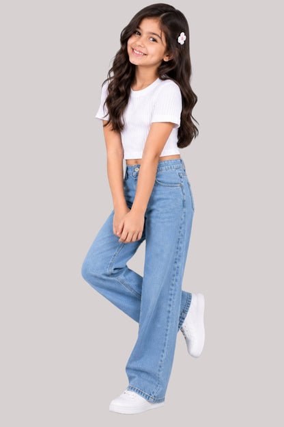 CHILINS Girls White Ribbed Crop Top | Short Sleeve Round Neck Casual Top for Kids