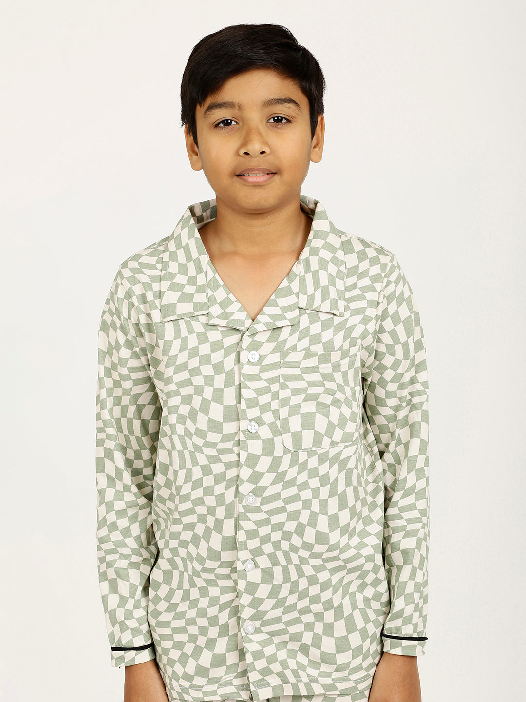 CHILINS Boys Shirt Pyjama Night Dress – Pure Cotton, White & Green