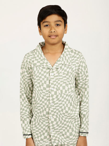 CHILINS Boys Shirt Pyjama Night Dress – Pure Cotton, White & Green