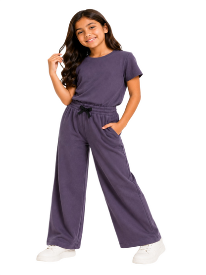 CHILINS Girls Purple Textured Top & Wide-Leg Pants Set