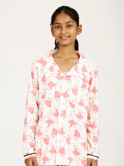 CHILINS Girl Cotton Shirt Pyjama Night Dress – Dancing Girl White & Pink Print