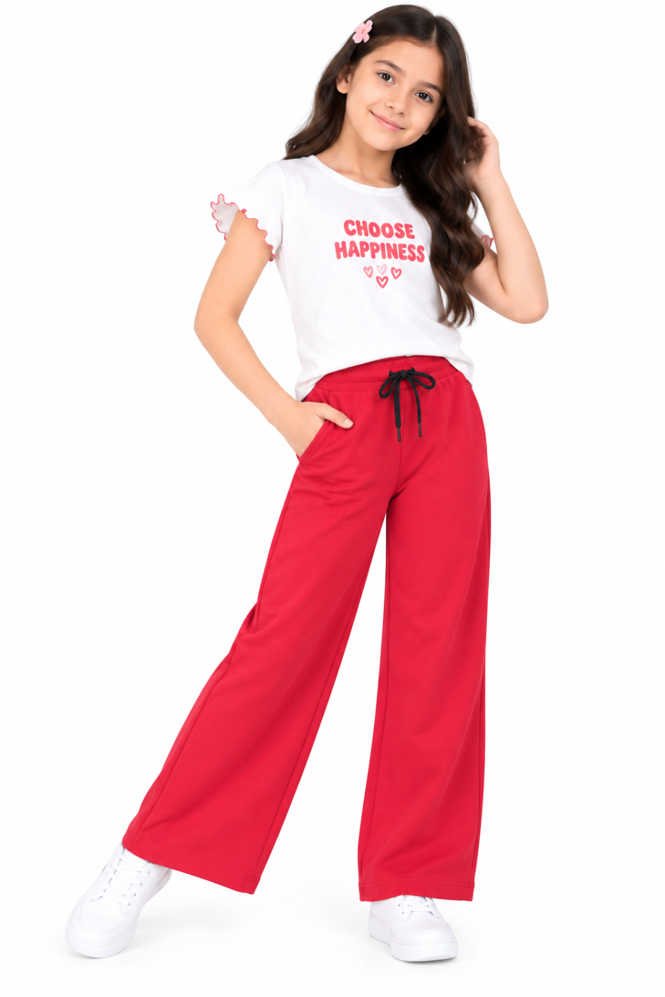 CHILINS Girls Red Wide Leg Palazzo Pants | Elasticated Drawstring Waist | Side Pockets | Full Length | Regular Fit