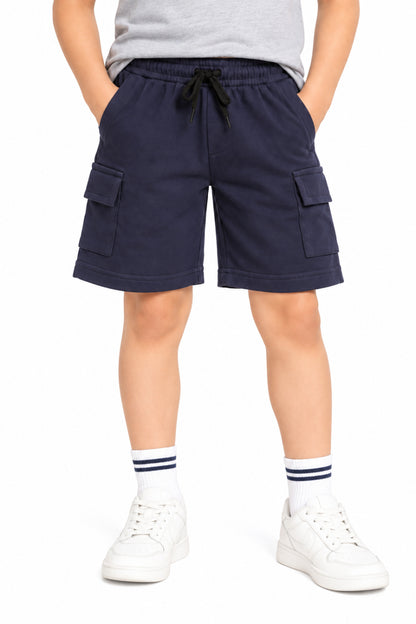 CHILINS Boys Navy Blue Cargo Shorts | Drawstring Waist | Utility Pockets | Knee Length | Regular Fit