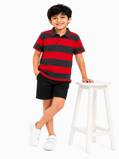 CHILINS Unisex Kids Red & Grey Striped Polo T-Shirt