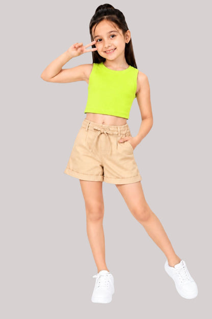 CHILINS Girls Neon Green Ribbed Sleeveless Crop Top