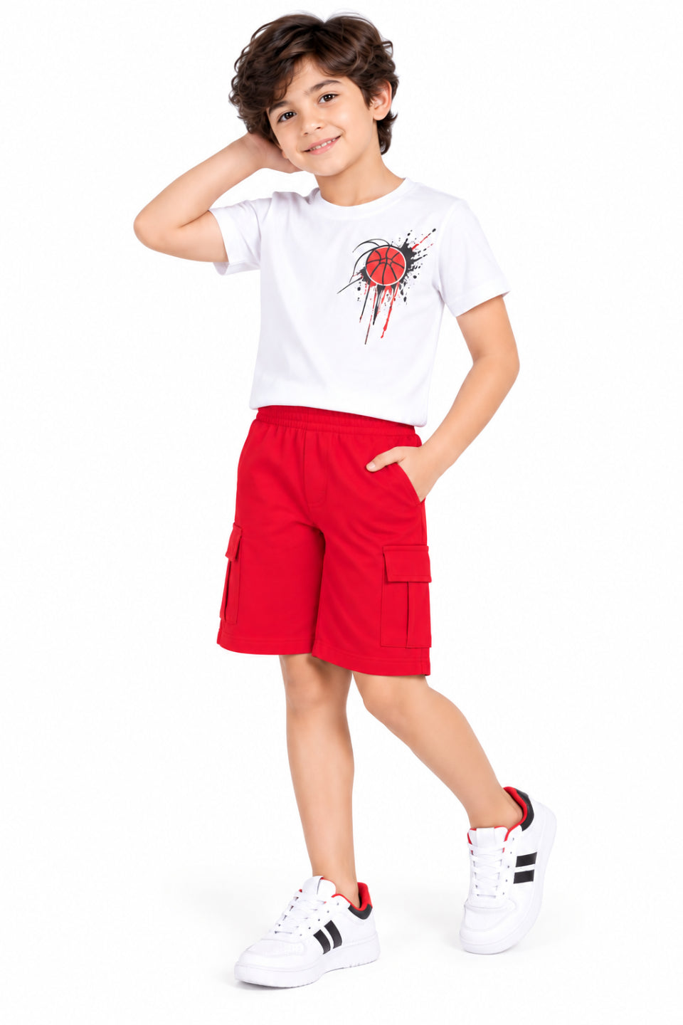 CHILINS Boys Red Cargo Shorts | Casual Knee-Length Shorts with Utility Pockets