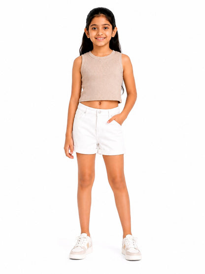 CHILINS Girls Beige Ribbed Sleeveless Crop Top