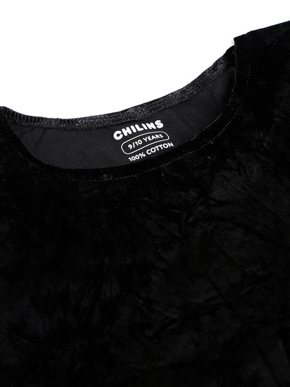 CHILINS Girls Black Velvet Top | Soft Crushed Velvet Flutter Sleeve Party Wear T-Shirt