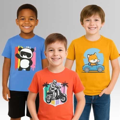Round Neck Printed Super Combed Cotton T-shirt, (Pack of 3)