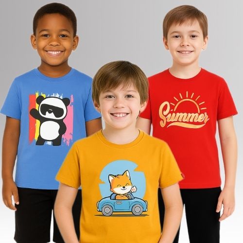 Round Neck Printed Super Combed Cotton T-shirt, (Pack of 3)