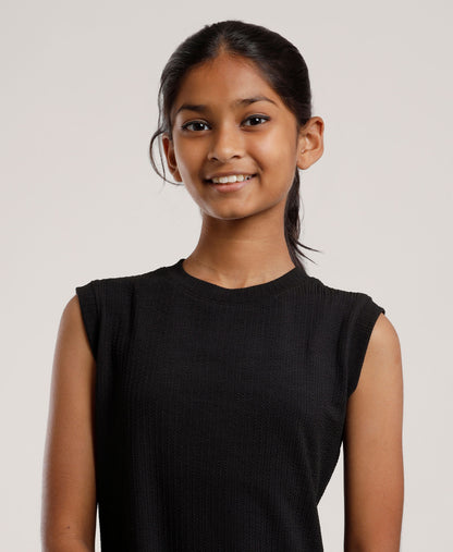 Girls Solid Black Sleeveless Dress | Everyday Knee-Length Casual Wear