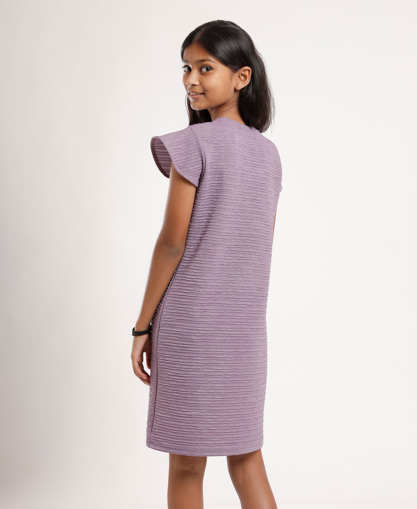 Girls’ Lavender Textured Flutter Sleeve Dress – Soft Comfortable V-Neck Casual & Party Wear Dress for Kids