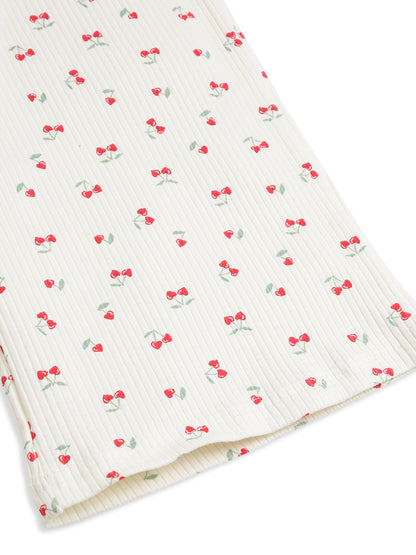 CHILINS Kids Cherry Print Night Suit Set | Soft Ribbed Cotton Full Sleeve Top & Pyjama Set for Girls