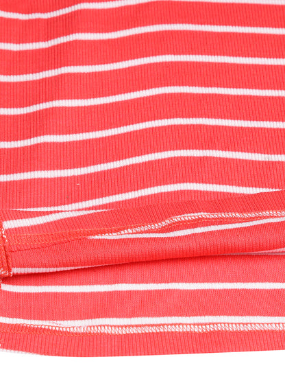 CHILINS Girls Pure Cotton Ribbed Casual Dress – Red & White Striped