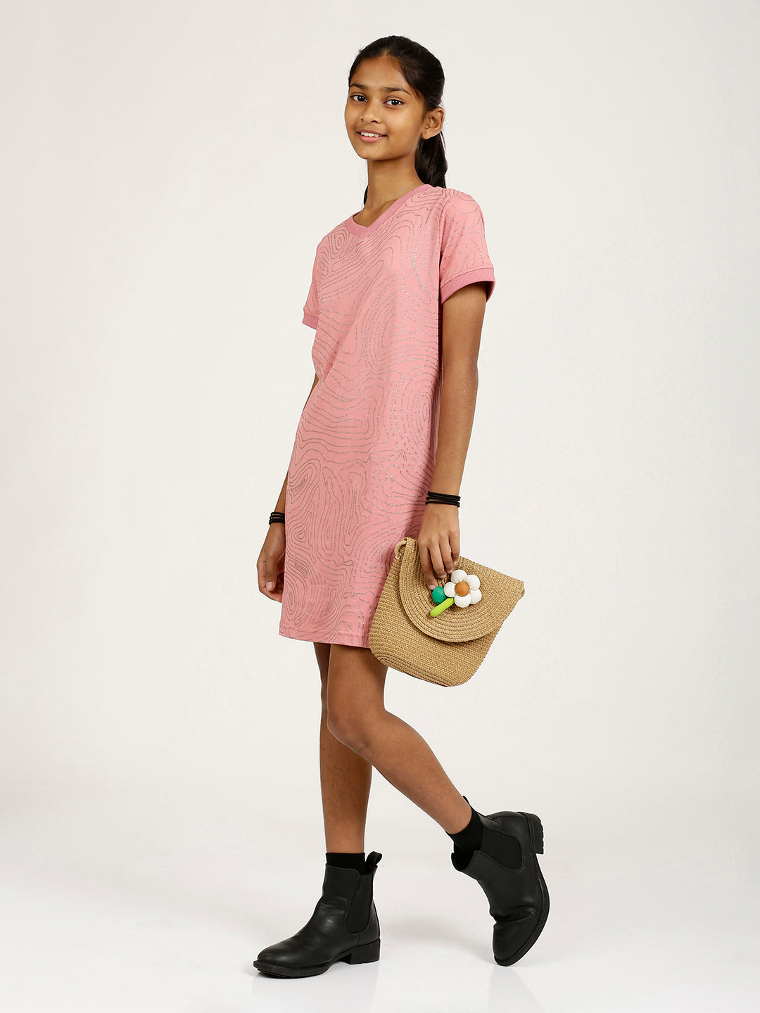 CHILINS Girls Pure Cotton Casual Dress – Pink with Golden Print