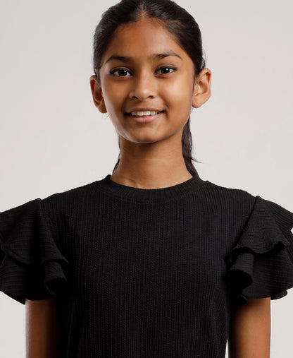 Girls Black Shift Dress | Stylish Ruffle Sleeves | Casual & Outing Wear