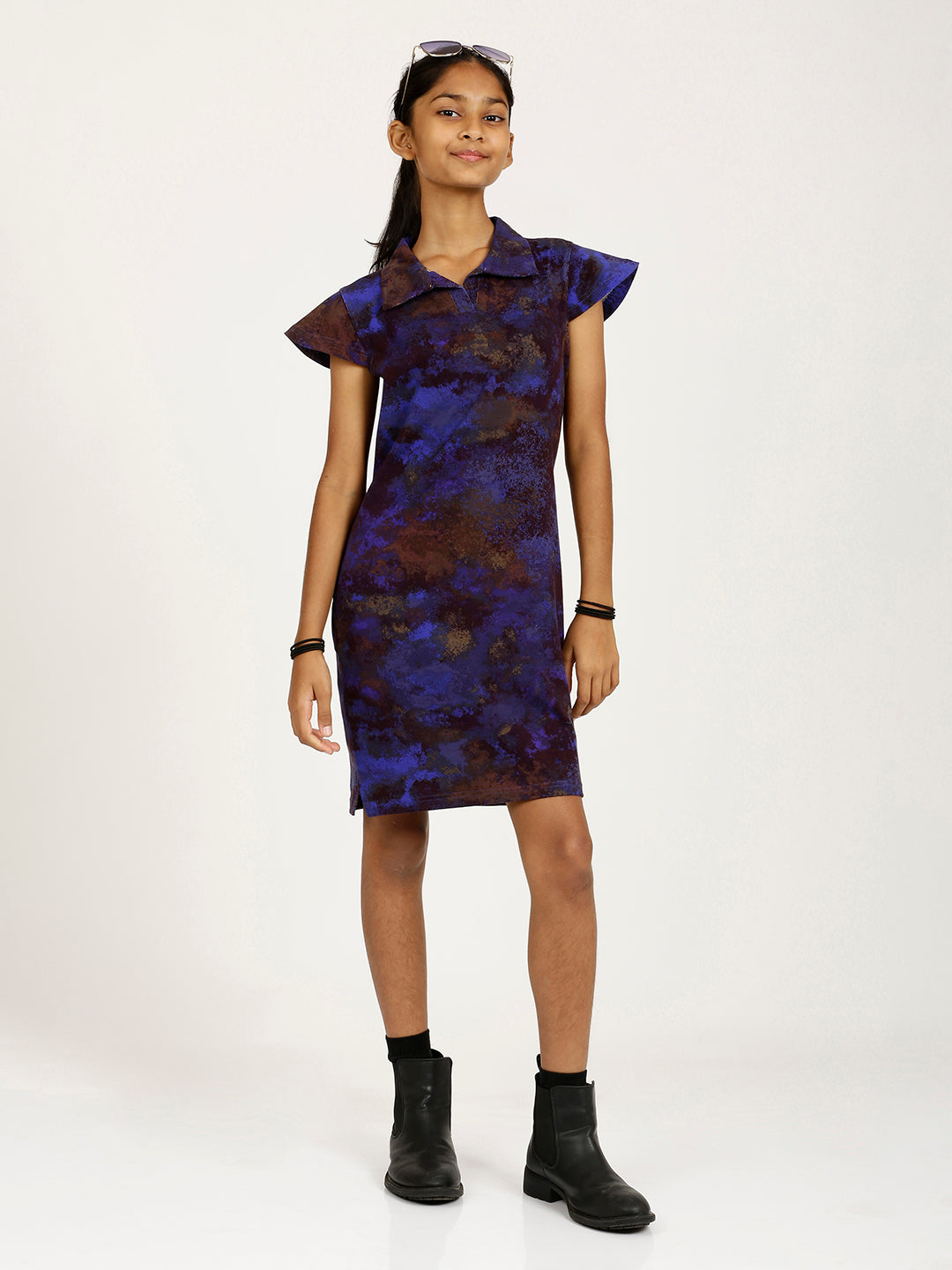 CHILINS Girls Pure Cotton Ribbed Casual Dress – Blue & Brown Tie-Dye Print