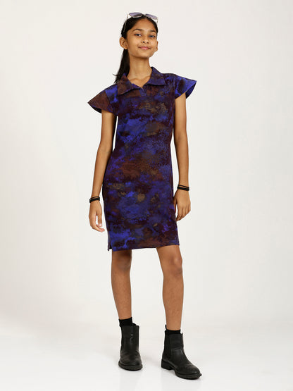CHILINS Girls Pure Cotton Ribbed Casual Dress – Blue & Brown Tie-Dye Print