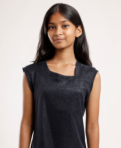 Dark Blue Shimmer Dress – Sleeveless, Structured Neckline, Girls’ Party Wear