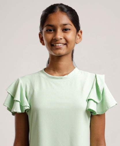 Girls Mint Green Shift Dress | Stylish Ruffle Sleeves | Casual & Outing Wear