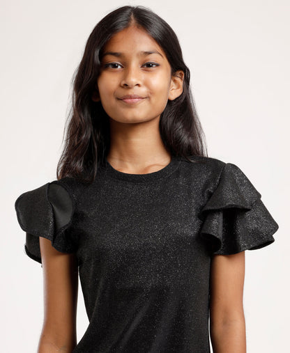 Girls’ Sparkle Black Party Dress with Layered Ruffle Sleeves – Elegant Shimmery A-Line Dress for Kids