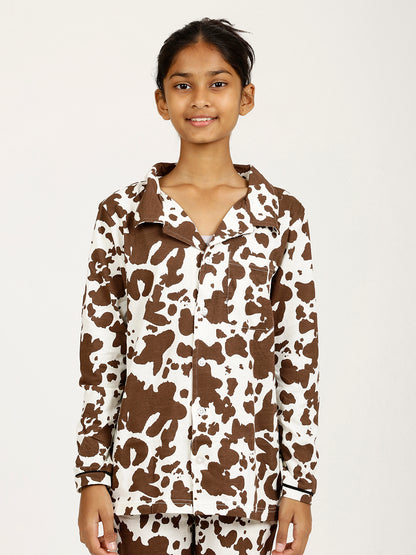 CHILINS Girls Shirt Pyjama Night Dress – Pure Cotton, Brown & Cream