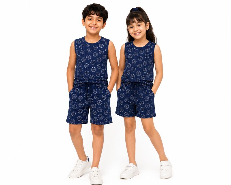 CHILINS Kids Navy Blue Printed T-Shirt & Shorts Set | Active Wear Co-Ord Set