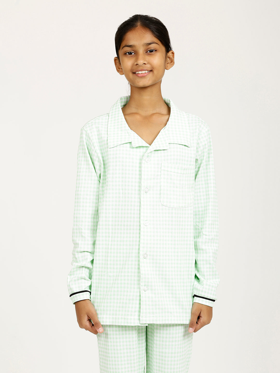 CHILINS Girls Shirt Pyjama Night Dress – Pure Cotton, Green Checkered