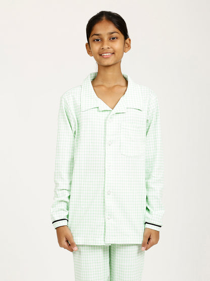 CHILINS Girls Shirt Pyjama Night Dress – Pure Cotton, Green Checkered