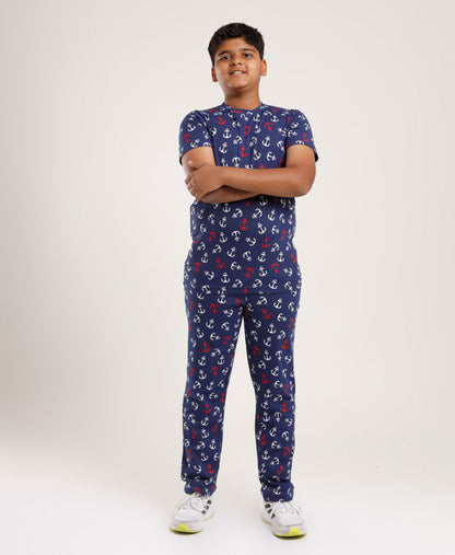 Printed Boys Half Sleeves Pyjama Set - Anchor - Coord set -Blue Night suit
