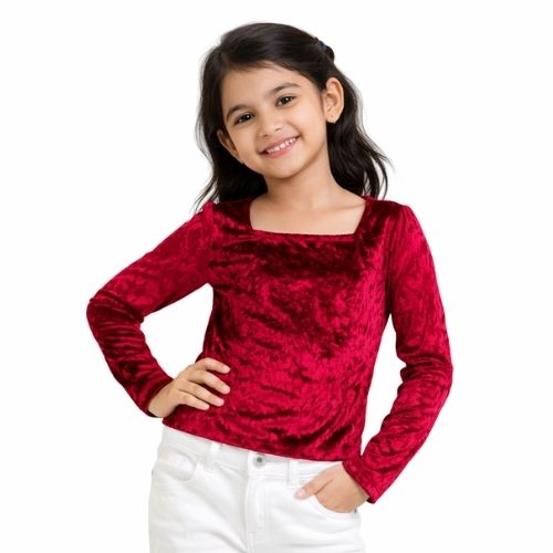 CHILINS Girls Maroon Velvet Full Sleeve Top – Stylish Party & Casual Wear