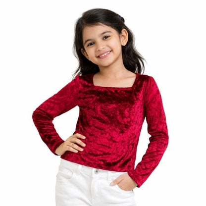 CHILINS Girls Maroon Velvet Full Sleeve Top – Stylish Party & Casual Wear