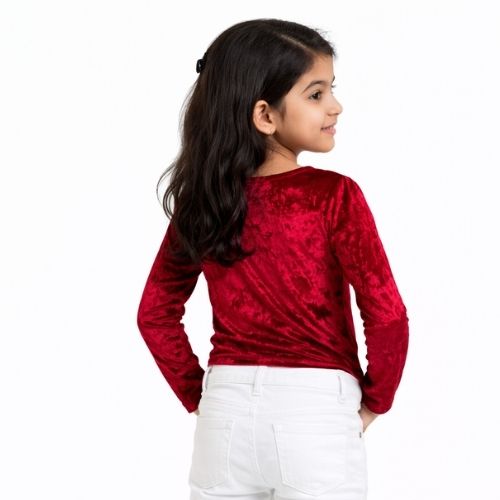 CHILINS Girls Maroon Velvet Full Sleeve Top – Stylish Party & Casual Wear