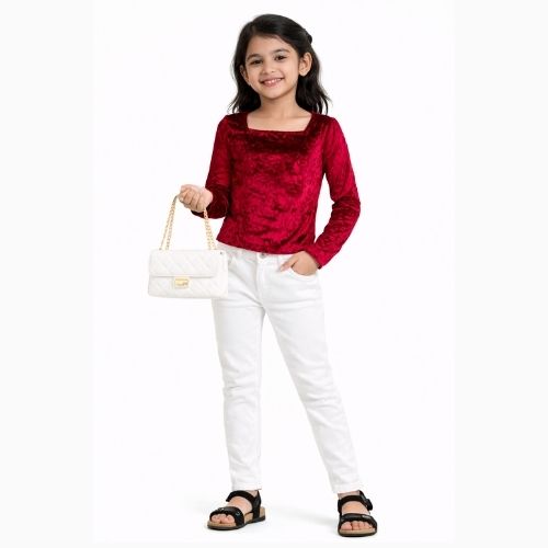 CHILINS Girls Maroon Velvet Full Sleeve Top – Stylish Party & Casual Wear