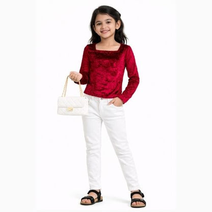 CHILINS Girls Maroon Velvet Full Sleeve Top – Stylish Party & Casual Wear