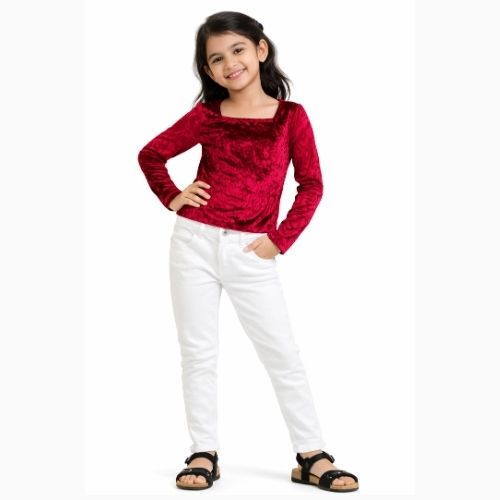 CHILINS Girls Maroon Velvet Full Sleeve Top – Stylish Party & Casual Wear