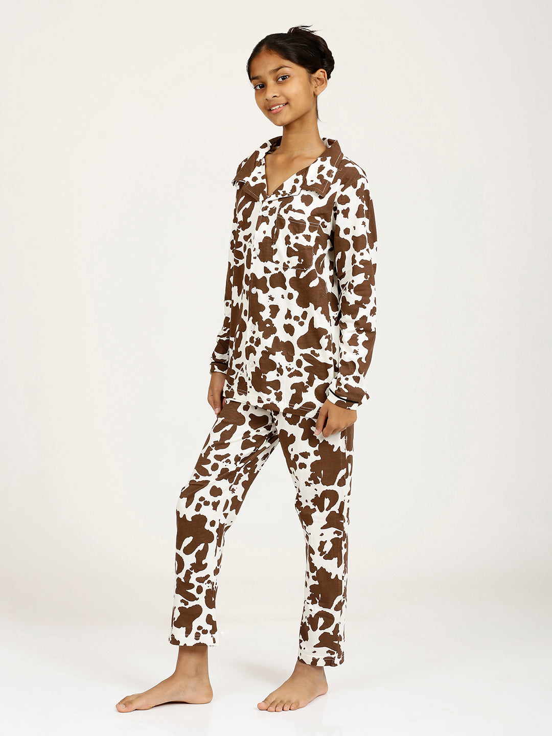 CHILINS Girls Shirt Pyjama Night Dress – Pure Cotton, Brown & Cream