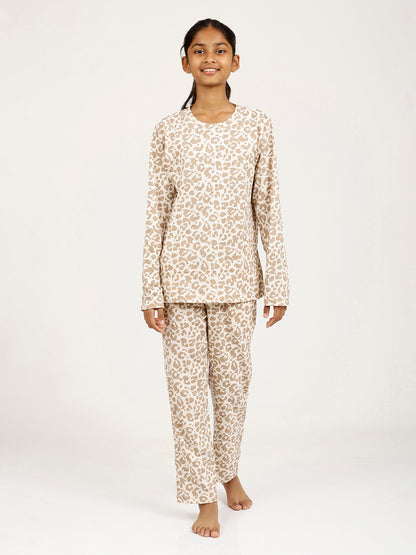 CHILINS Girls Pure Cotton Beige Brown Full Sleeve T-Shirt Pyjama Set – Animal Print