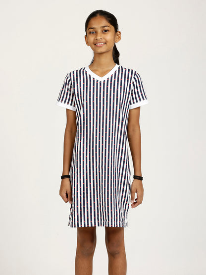 CHILINS Girls Pure Cotton Casual Dress – White & Blue Striped