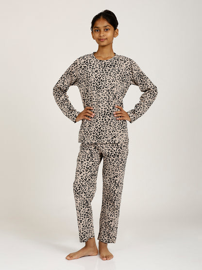 CHILINS Girls Pure Cotton Beige Black Full Sleeve T-Shirt Pyjama Set – Animal Print