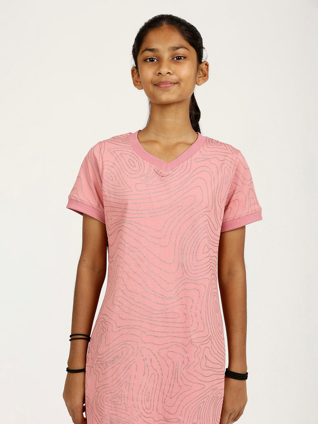 CHILINS Girls Pure Cotton Casual Dress – Pink with Golden Print
