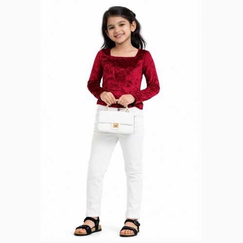 CHILINS Girls Maroon Velvet Full Sleeve Top – Stylish Party & Casual Wear
