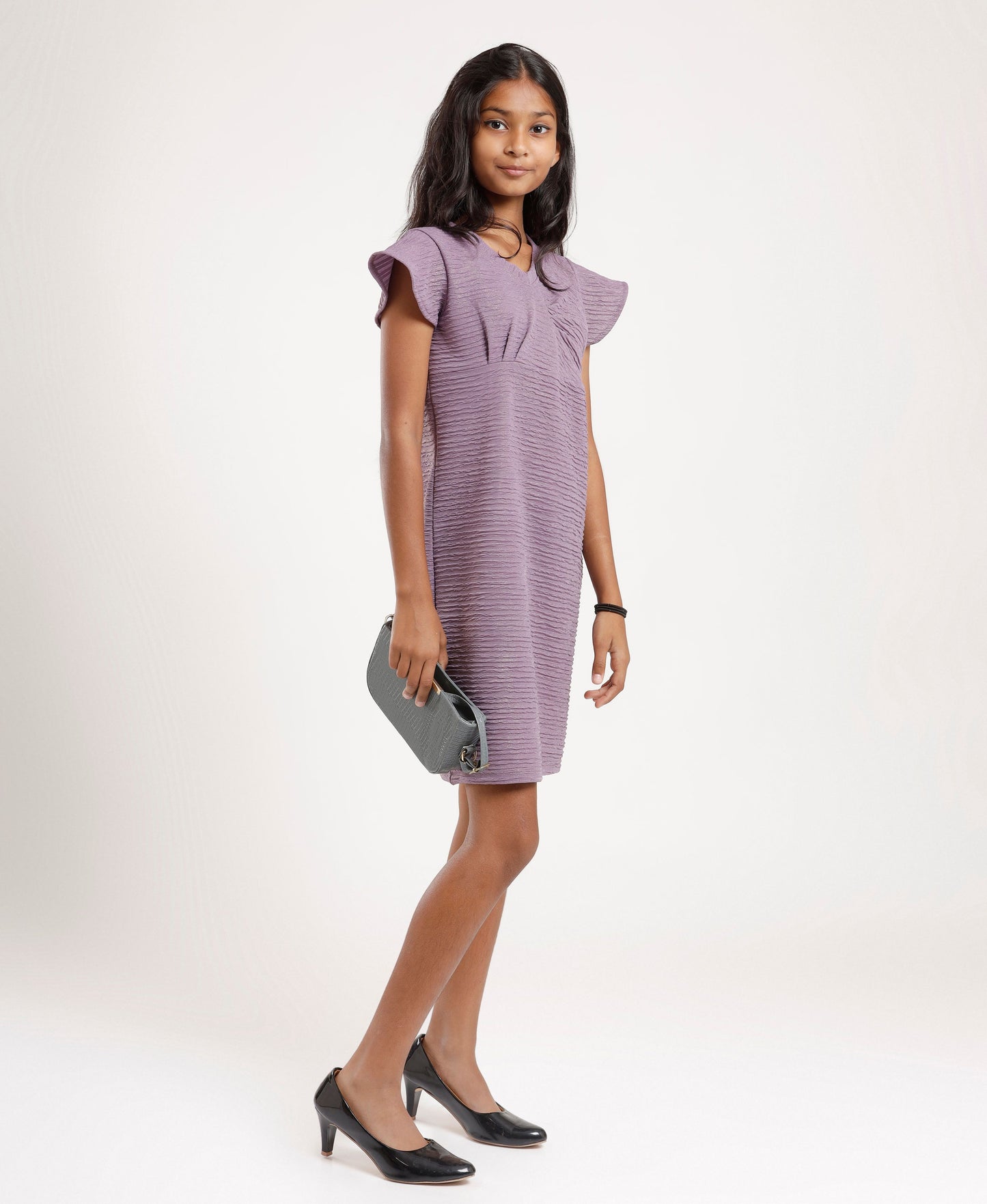 Girls’ Lavender Textured Flutter Sleeve Dress – Soft Comfortable V-Neck Casual & Party Wear Dress for Kids