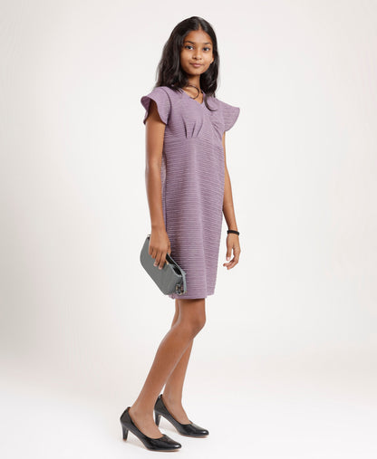 Girls’ Lavender Textured Flutter Sleeve Dress – Soft Comfortable V-Neck Casual & Party Wear Dress for Kids