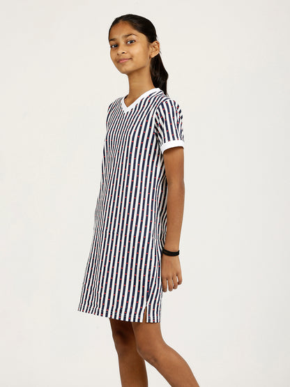CHILINS Girls Pure Cotton Casual Dress – White & Blue Striped