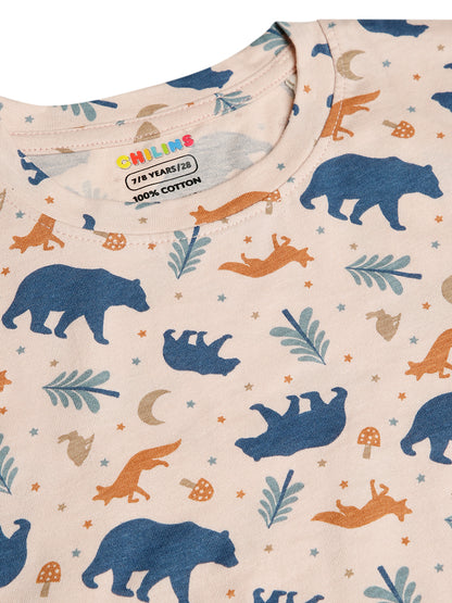CHILINS Kids Pure Cotton Printed T-Shirt & Pyjama Set | Bear Print Nightwear Set